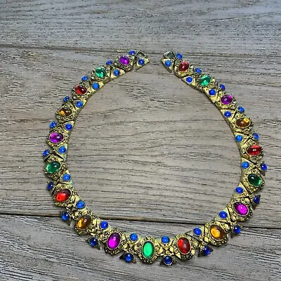 Vtg Colorful Goldtone Jeweled Glass Cabochon Collar Necklace Etruscans Revival • $50