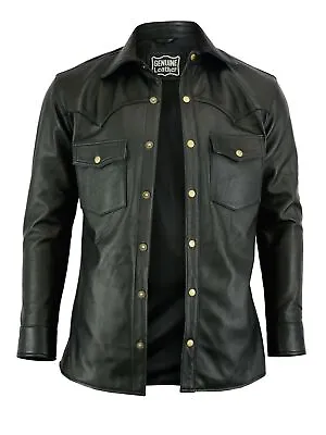 Men's Soft Black Leather Slim Fit Full Sleeve Button Up Shirt • $64.99