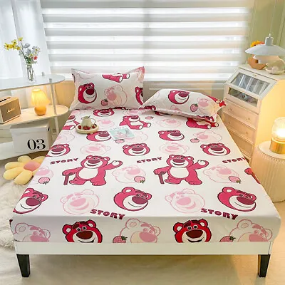 Lotso Strawberry Bear Fitted Sheet Pink Bed Decor Set Single/Double/King Size • £30.67