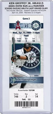 Ken Griffey Jr HR #613 400th As MARINER Jackie Robinson 4/15/2009 Full Ticket • $50