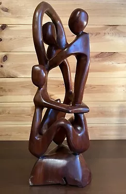 2.2 Kilos Heavy Tall Abstract Three Figured Wooden Hand Carved Sculpture Signed • £55