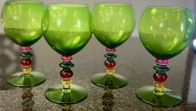 Pier 1 Colorful Green Multicolored Stem Goblet Wine Glass Hand Blown Set Of 4 • $44