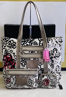 Coach Poppy Graffiti Floral Tote / Cosmetic Bag / Kisslock Coin Purse Set 14741 • $199