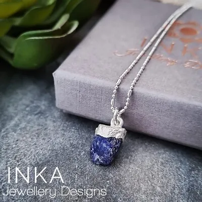 Inka 925 Sterling Silver 16  Ball Bead Necklace With Raw Sapphire Pendant • $22.73