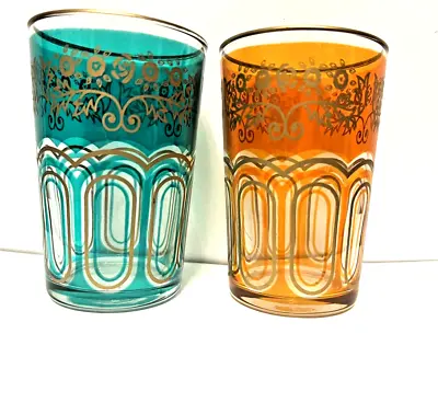 Set Of 2 VTG ARC INTERNATIONAL  DRINKING ( Juice)  GLASS SMALL Green & Orange • $22