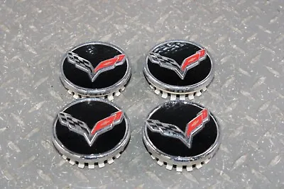 $149.99 • Buy 14-19 C7 Corvette Gloss Black Set 4x Wheel Center Cap Crossed Flag Emblems