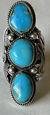 Signed Navajo Sterling Silver Three-Stone Morenci Turquoise Ring Size 8 1/4 • $290