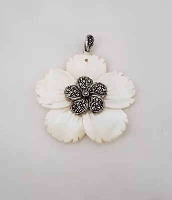 Pendant Mother Of Pearl Marcasite 925 Sterling Silver White Flower 50 Mm • $18