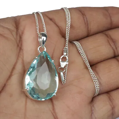 Stunning 140ct Large Pear Cut Blue Aquamarine Gem 925 Sterling Silver Pendant • $36.80