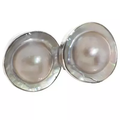 925 Silver Oyster Mabe Blister Pearl In Shell Sterling Omega Post Earrings 7/8  • $56.95