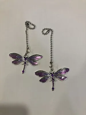 Vintage Dragonfly Antique Silver Purple Ceiling Fan Light Switch Pull Large Pair • $11