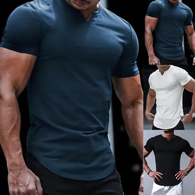 Mens Summer Short Sleeve T Shirt Solid Gym Slim Fit Sport Muscle Tops Tee US • $15.35