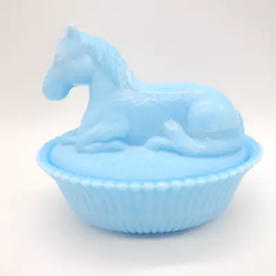 Vintage Blue Milk Glass Resting Horse Covered Dish • $49.99