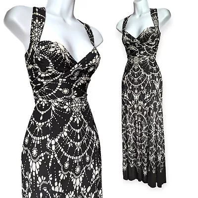 KAREN MILLEN Vintage Black Silk Gem Detail Cross Back Maxi Dress-Rare UK8 US4 • £5.50