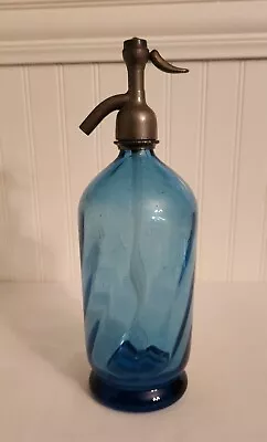 Vintage French Blue Spiral Optic Heavy Glass Footed Seltzer Bottle Barware  • $85