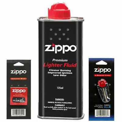 $17.80 • Buy GENUINE Zippo Cigarette Lighter Premium FLUID Petrol Refill 125ml+ Wick + Flints