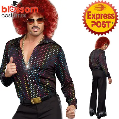 K385 Mens Disco Costume + Wig 1960s Fancy Dress Up Retro 1970s Hippie Outfit • $64.35