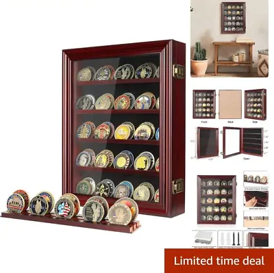 Challenge Coins Display Case HD Toughened Glass Door Coin Holder Wood Wall Mount • $59.19