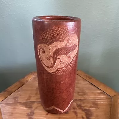 Vintage Mayan Style Terracotta Pottery Cylinder Vase Incised  Relief 7 1/4” Tall • $30
