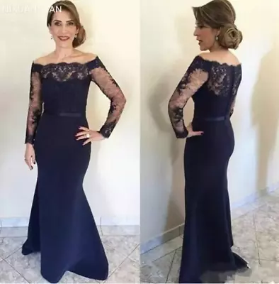 Navy Blue Mother Of The Bride Dress Lace Top Off Shoulder Lng Sleeves Bateau • $145.36