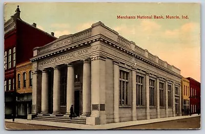 Muncie Indiana~Merchants National Bank On Corner~Stores~c1913 Postcard • $11