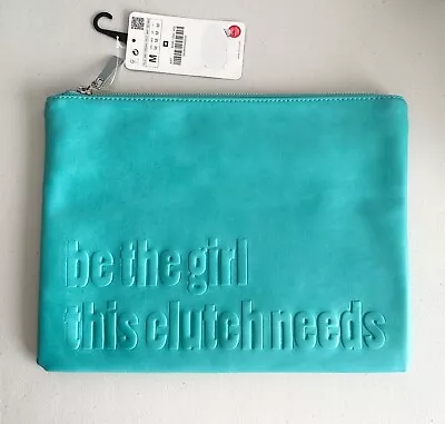 ZARA Turquoise Clutch Bag  Be The Girl This Clutch Needs  Text Embossed 6246/004 • $39.99