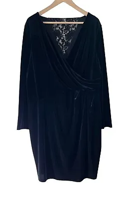 Marks And Spencer Midnight Blue Velvet Dress Size 22 Wrapover  Cross Velour Plus • £23.95