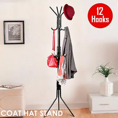 12 Hook Coat Hanger Stand Hat Clothes Rack 3-Tier Metal Tree Style Storage Black • $20.99