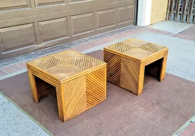 1970's MCM Bohemian Chevron Split-Bamboo Style Wood Coffee Cocktail Side Tables • $499