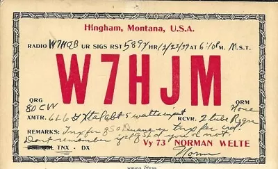 QSL 1939 Hingham   Montana   Radio Card • $6.02