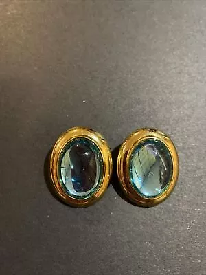 Beautiful MONET Blue Glass Cabochon Gold Tone Clip On Earrings • $38