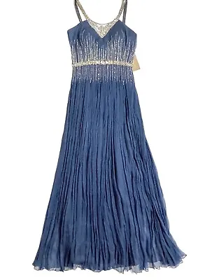Mignon Dress VM570 Carbon Blue 100% Silk Grecian Beaded Crystals Gown SH12 NWT • $395
