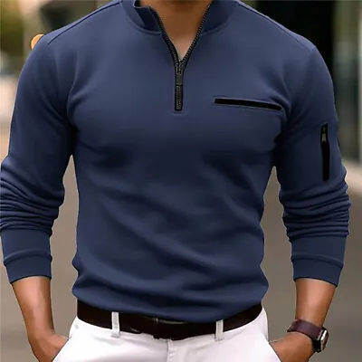 Men's Zip Sport Solid Business Golf Tops Mens Polo Shirt Long Sleeve T-shirt • £10.89