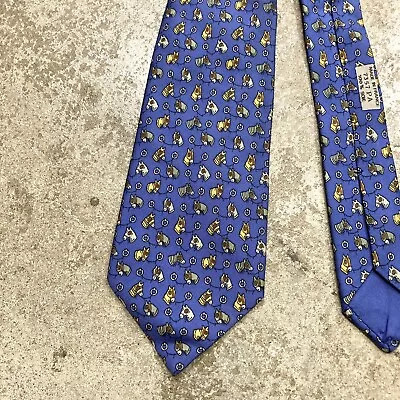 Hermes Blue Equestrian Horse Silk Tie Made In France 58.5”x3.25” • $49.95