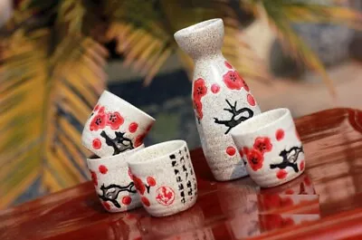 Japanese Style Flower Patterned 5 Piece Sake Set 1 Bottle 4 Cups Gift Box HQ • $39.95