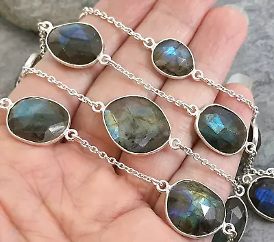 925 Silver Cut FIRE LABRADORITE Multi-Gem Station Necklace 32  • $70.73