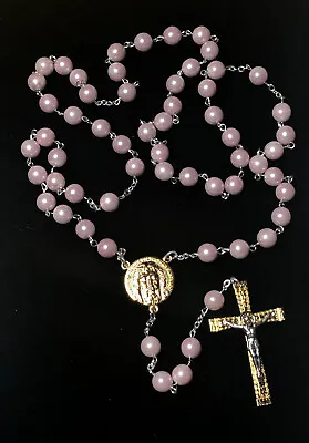 Holy Face Of Jesus Light Pink Glass Pearl (9 Mm) Bead Rosary-Veronica's Veil • $35