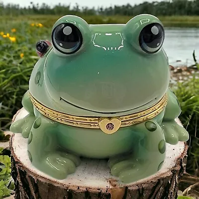 Hoppy Green Frog Animoges Music Box Trinket Box With Charm • $36