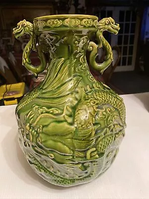 ANTIQUE VINTAGE  CHINESE Green CRACKLE Glaze Dragon  HANDLE  PORCELAIN VASE • $170