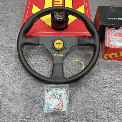 MOMO Veloce Racing V1 350mm Genuine Leather Sport Steering Wheel Yellow Button • $89