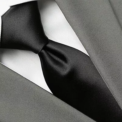 FUNERAL TIE | Classic Mens Formal Wedding Black Plain Solid Soft Satin Necktie • £7.95