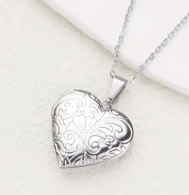 Silver Engraved Flower Heart Shape Opening Locket Pendant On Chain Memorial • £14.99