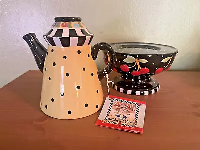 Vintage Mary Engelbreit Ceramic Teapot Candle Holder & Pilar Stand Cherries • $12.99