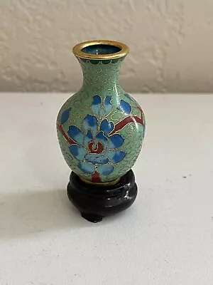 Chinese Miniature Green Cloisonne Vase W/ Blue Flowers On Wood Stand • $30