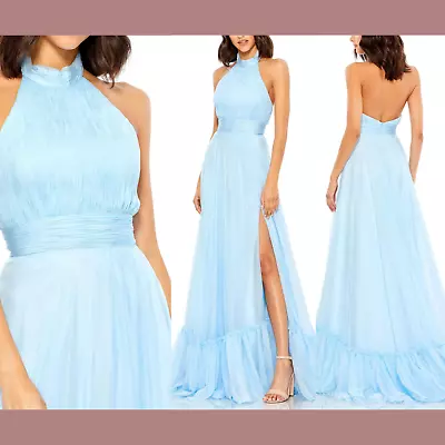 NWD $358 Mac Duggal [ 12 ] High Neck Tiered Chiffon Halter Gown Sky Blue #G1783 • $175.99