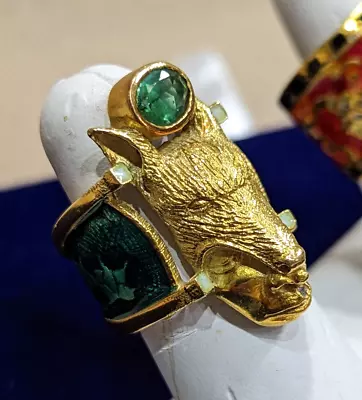 $7300 • Buy Designer Jaclyn Davidson 18K Gold Ring, Emerald, Green Enamel Man With Wolf Mask