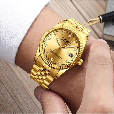 $14.99 • Buy FNGEEN Watch Men Fashion Business Rhinestone Male Quartz Gold Wrist Band Gift