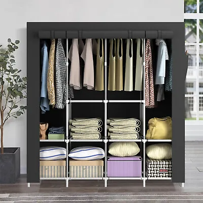 Practical Fabric Canvas Wardrobe Hanging Rail Clothes Shelving Storage Cupboard • £15.90