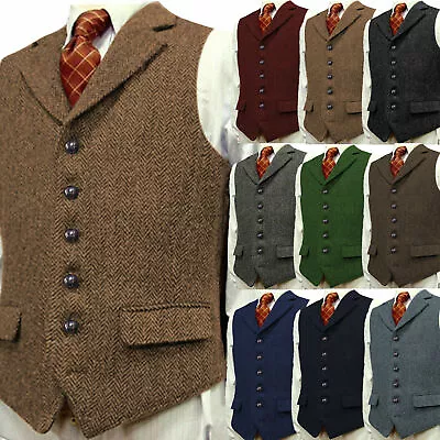 Men Tweed Lapel Vest Casual Retro Herringbone Waistcoat Jacket Formal Sleeveless • £24.99