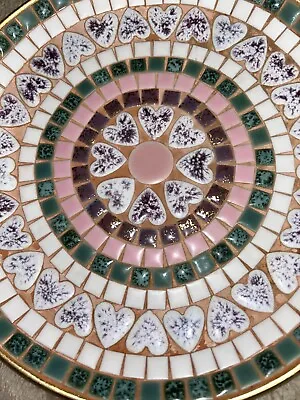 Vintage Pink Green Gold Mid Century MOSAIC Heart Tile 10” Plate Platter Bowl • $16.99